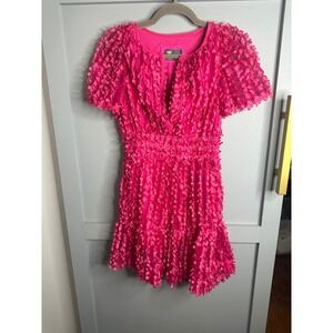 Anthropologie Pink 3D Floral Applique Mini Dress V-Neck Petal Short Sleeve Small